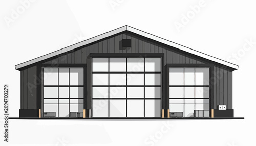 Fotografi Large Industrial Building with Garage Doors.