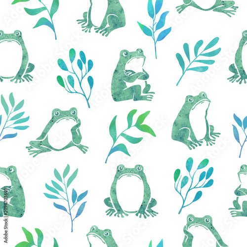 Cute frogs and branches seamless pattern. Vector print with funny green toads