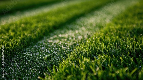 Lush green grass with dew drops and white lines on a sports field