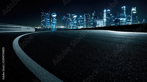 A curving asphalt road at night with a blurred city skyline in the distance