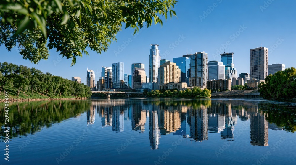 Fototapeta premium Calm water reflects a modern city skyline and lush green trees under a clear sky