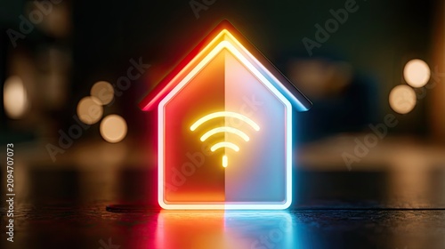 Glowing neon house icon with wifi symbol, highlighting smart home connectivity