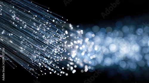 Thin, glowing strands of light blur into an ethereal blue background of bokeh