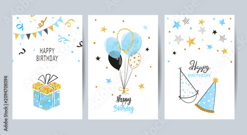 Happy Birthday cards set in blue and golden colors. Celebration vector templates with balloons and gifts