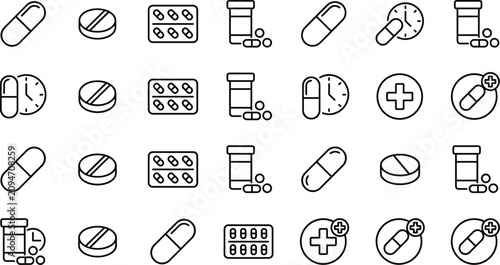 Tableau sur toile Medical Icon Vector Illustration Featuring Capsule, Tablet, Bottle, Blister, Clo