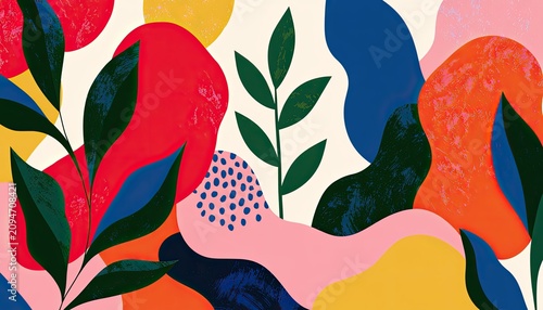 Vibrant abstract shapes and botanical elements in a colorful, textured pattern