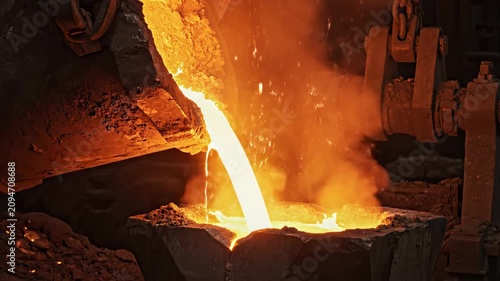 Metal is poured from a furnace into a mold in a factory in the evening