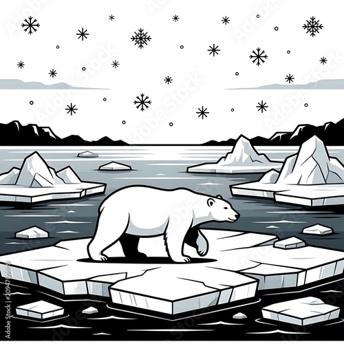 Polar bear walking on melting Arctic ice. Majestic white bear navigating fragmented glaciers in the wild. Climate change symbol in a pristine winte...