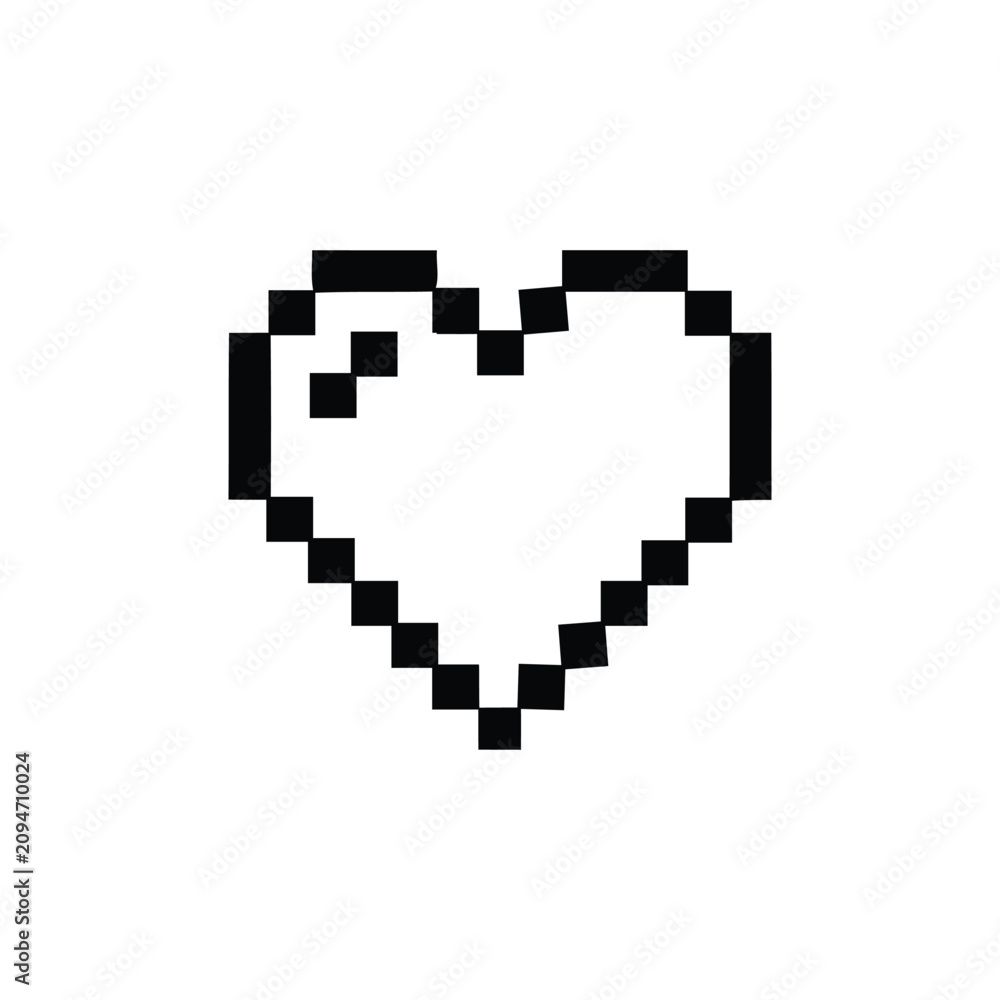 Fototapeta premium Black pixel heart icon isolated on a simple square grid design for retro video game interface