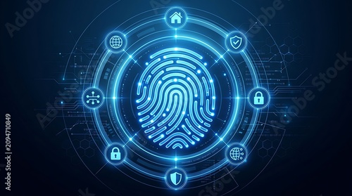 Digital fingerprint scan. Biometric security authentication. Cyber identity verification.