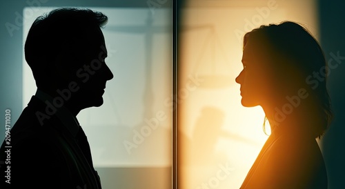 Silhouetted figures of a man and woman face each other in a conceptual legal setting