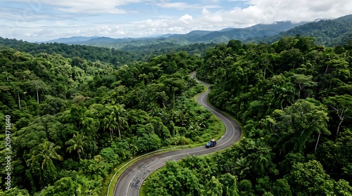Aerial drone view of winding forest road. Curving mountain highway surrounded by dense green trees. Scenic travel route for adventure and exploration.