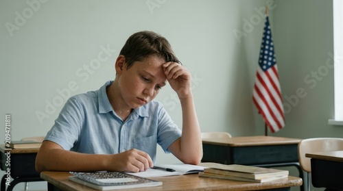 A young boy sits at a desk in a classroom, looking stressed and overwhelmed while studying. An American flag is visible in the background