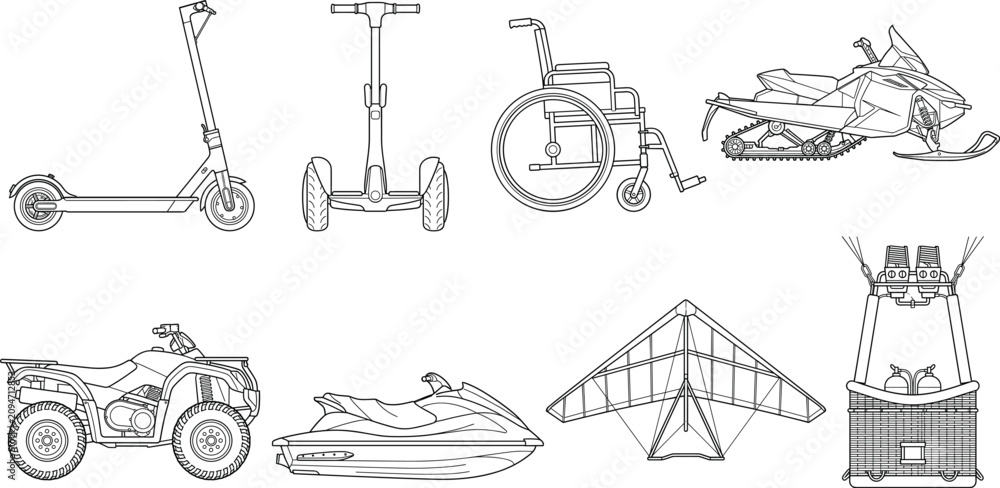 Obraz premium Vector line drawings of diverse vehicles and mobility devices including scooters, wheelchairs, snowmobiles, and aerial transport