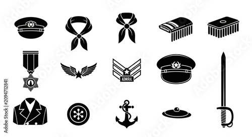 Konstfotografi Military uniform and naval accessory silhouette icons set.