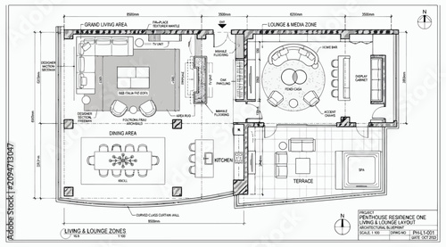 Fotografía Architectural floor plan of a penthouse residence with living and dining zones
