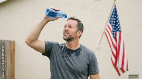 A man pouring water on his head to cool down in hot weather, with an American flag in the background