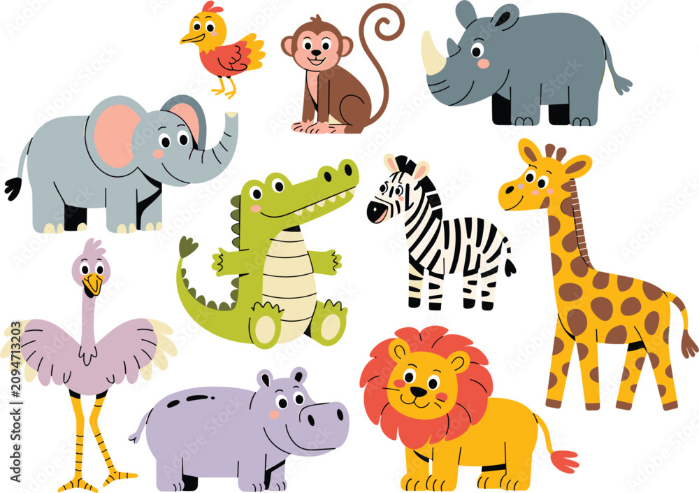Obraz premium Cute cartoon safari animals set with lion, elephant, giraffe and crocodile isolated on white background