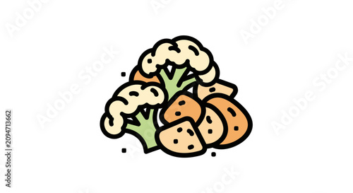 Canvastavla A stylized illustration of cauliflower florets mixed with potato chunks