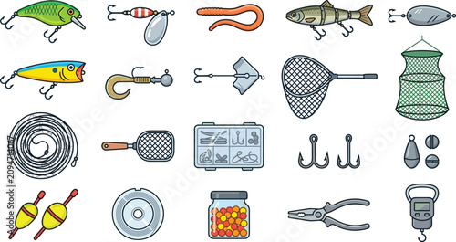Konstfotografi Fishing Gear Vector Collection with Lures Hooks Floats Landing Net Tackle Box Si