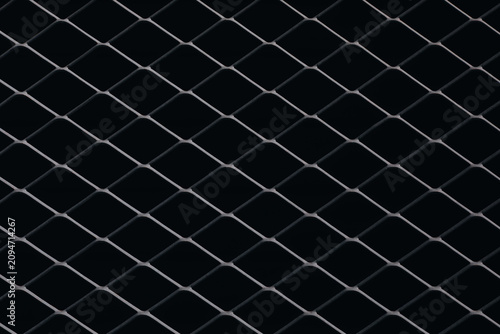Dark Expanded Metal Mesh with Repeating Diamond Pattern on Black Background