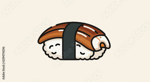 Cute, stylized eel sushi piece with white rice and dark band