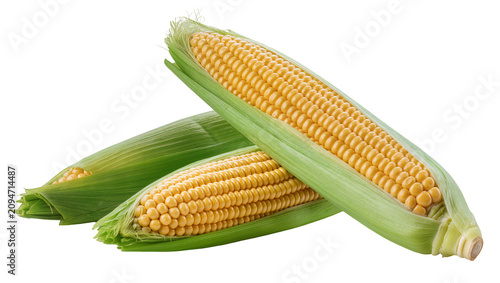 Foto Isolated three fresh sweet corn on the cob with vibrant green husks and ripe yel