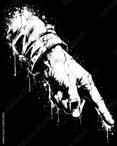 Distressed Monochrome Hand Pointing Down with Paint Splatter and Urban Grunge Texture