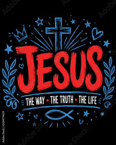 Jesus Christian Typography Poster with Cross, Fish Symbol, Stars, Hearts and Decorative Blue Leaves