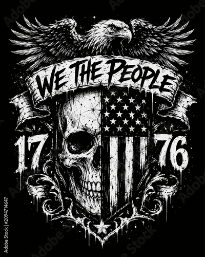 Grunge Patriotic Eagle and Skull with Distressed American Flag Shield and We the People Typography
