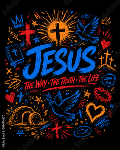 Colorful Christian Doodle Art with Jesus Lettering, Crosses, Doves, Hearts and Faith Symbols