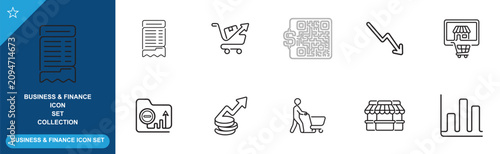 Fotografía Financial business icon set with qr codes shopping cart stores and descending sales graphs