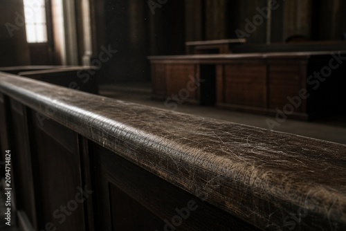 Abandoned courtroom defendant rail with scratch marks, dust motes in light.
