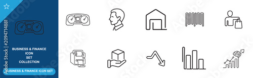 Logistic and management line icon collection featuring warehouse barcode and data analytics.