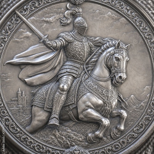 Extreme close-up of a detailed silver medallion with a raised knight on horseback.