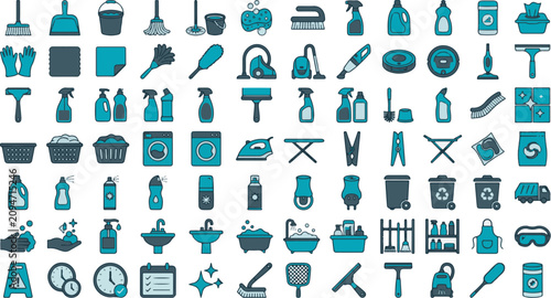 Photos Cleaning icons collection provides a comprehensive set of symbols representing various household chores and janitorial equipment for professional design projects