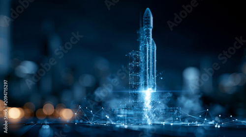 Futuristic space rocket launch with digital wireframe design and blue technology background, defocused dark space, space rocket wireframe concept illustration, with copy space