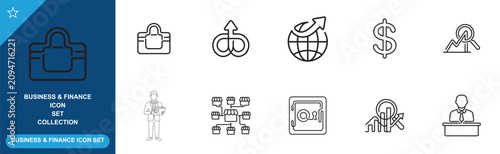 Business finance icons briefcase world earth dollar graph and safe.