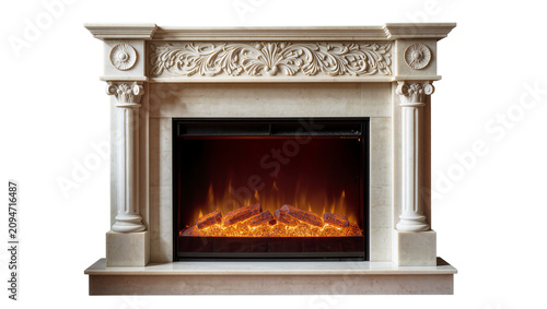 Fotografía Isolated elegant marble fireplace mantel with carved details and a glowing elect