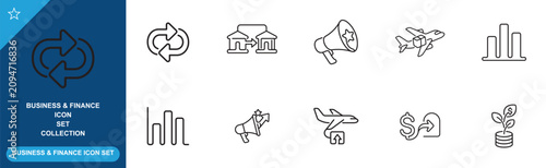 Business communication and financial growth icon set including megaphone and airplane cargo.