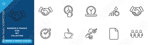 Business and finance icon set showing handshake, time, growth and people concept.