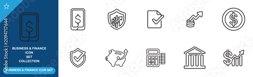 Business and finance icon set collection featuring thin line style vector graphic signs.