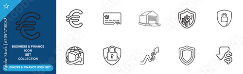 Euro currency and global logistics icon set including banking security and growth concepts.