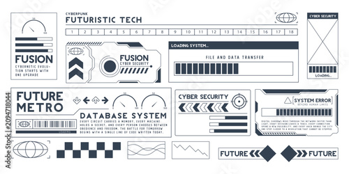Futuristic digital user interface elements and data visualization dashboard panels
