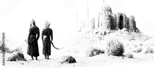 Black and white stippled scene of mamluk warriors with scimitar approaching a desert fortress for historical background banner design
