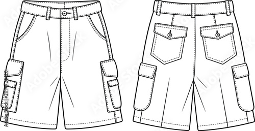 Technical flat sketch of white cargo shorts for women featuring multiple utility pockets flap back pockets belt loops and front zipper vector illustration.