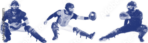Canvastavla Baseball catcher crouching and squatting action poses in dark blue halftone dot