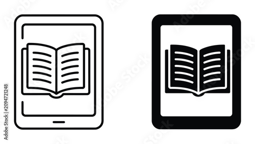 E-book reader or digital tablet with open book icon set in outline and solid black style for education apps and library website user interface isolated on a clean white background vector