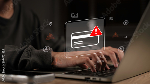 Online payment fraud protection concept with credit card security alert, digital banking risk detection, scam prevention, cybersecurity, secure transactions and financial data protection.