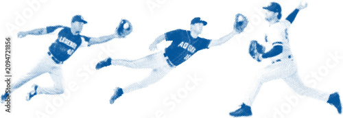 Vászonkép Baseball fielder action poses sequence in blue halftone dot pattern style, male